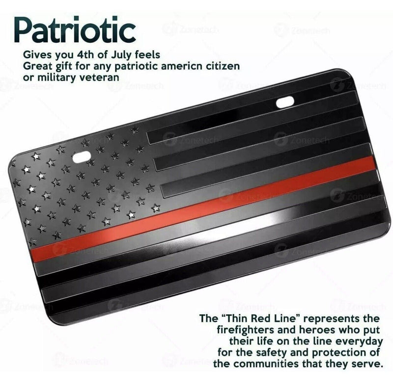 Zone Tech Black Steel Tactical Firefighter Flag Embossed License Plate Red Line