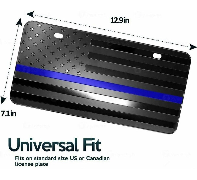 Zone Tech Tactical Blue Line Police American Flag License Plate Matte Black USA