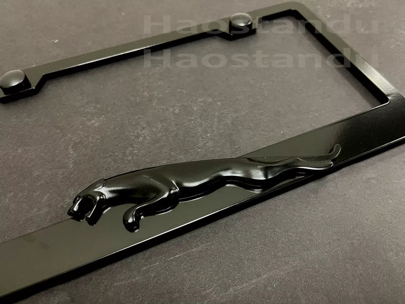 1x BLACK Jaguar LEAPER 3D Emblem BLACK Stainless License Plate Frame (L)
