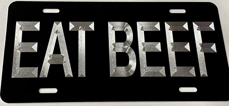 Silver Engraved Eat Beef Black Car Tag Diamond Etched Metal Front License Plate