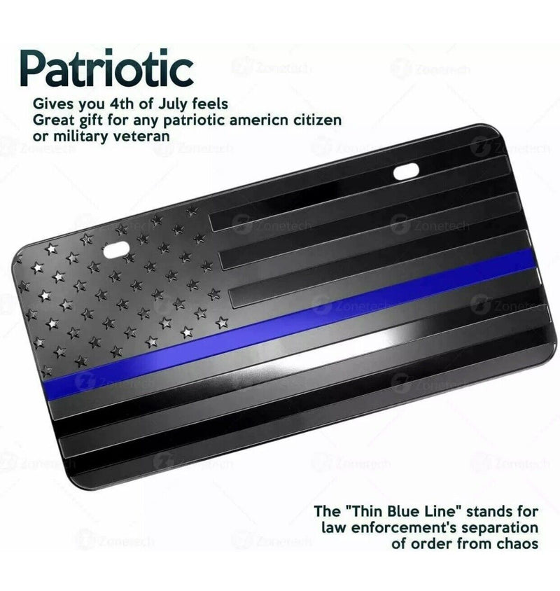 Zone Tech Tactical Blue Line Police American Flag License Plate Matte Black USA