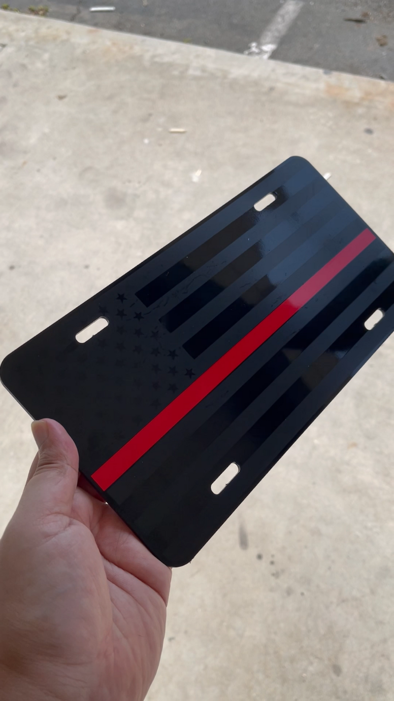 Firefighter thin red line Tactical American Flag License Plate Matte Black