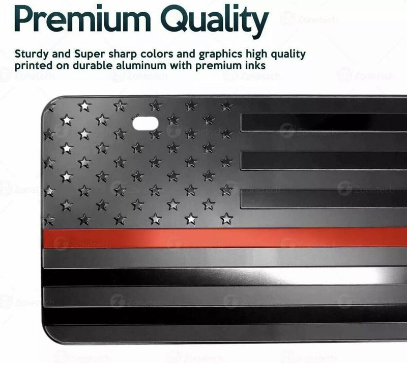 Zone Tech Black Steel Tactical Firefighter Flag Embossed License Plate Red Line