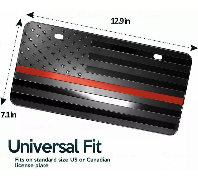 Zone Tech Black Steel Tactical Firefighter Flag Embossed License Plate Red Line