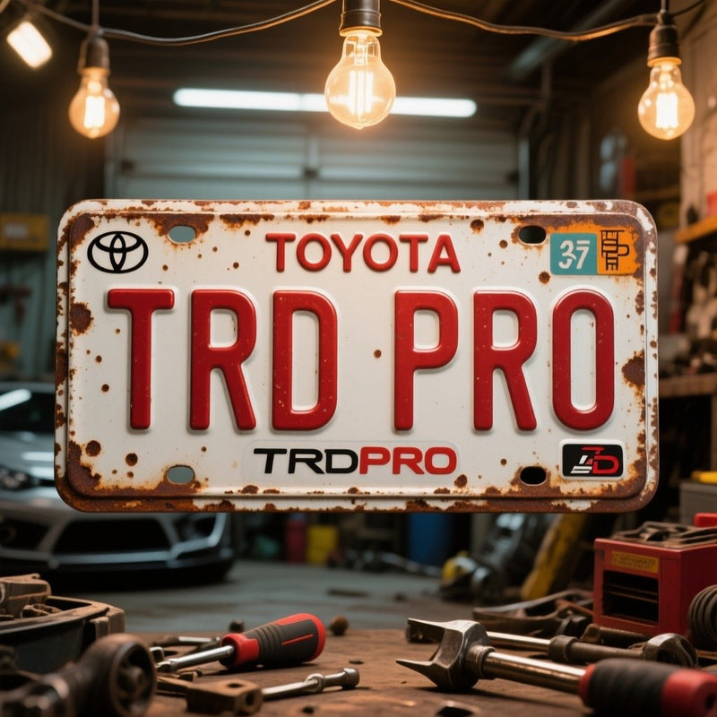 An artistic interpretation of a Toyota TRD Pro license plate, designed as a vintage metal sign The plate features a distressed look with rust spots around the edges, showcasing &