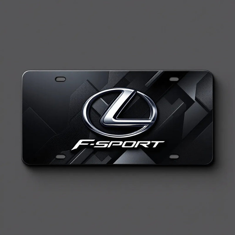 An artistic representation of a black Lexus F Sport logo on a stylized license plate The plate design incorporates abstract geometric patterns in the background, enhancing t (1).jpeg