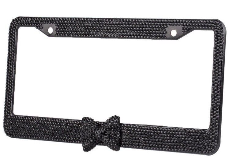 Black 7 Rows Bling Diamond Crystal License Plate Frame With Black Bow Tie