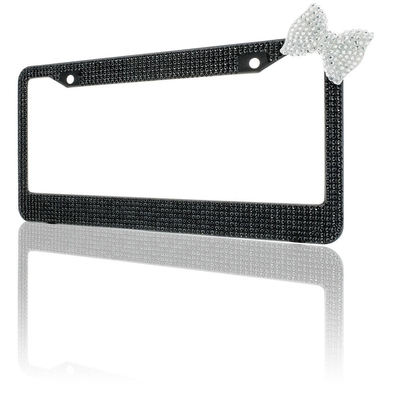Black 7 Rows Bling Diamond Crystal License Plate Frame With Corner Clear Bow Tie