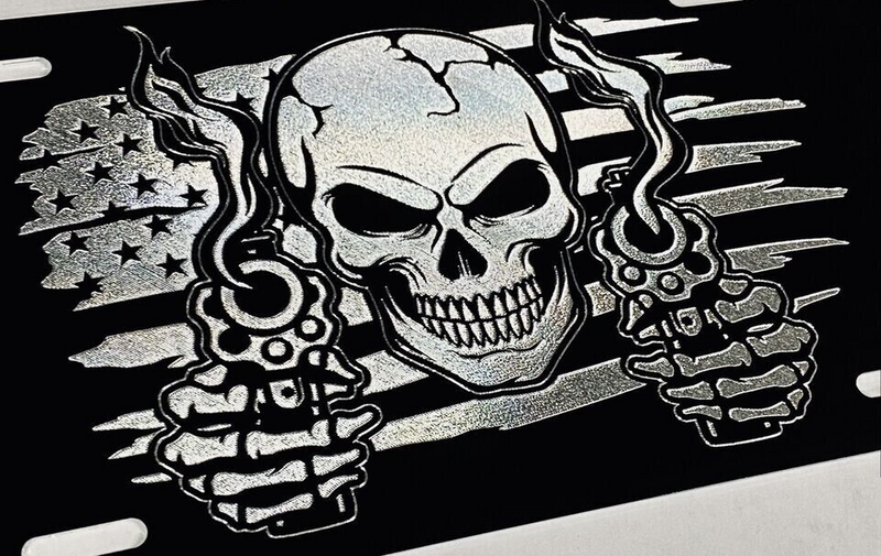 ENGRAVED US Flag Skull Gun Rights Car Tag Diamond Etched Metal License Plate