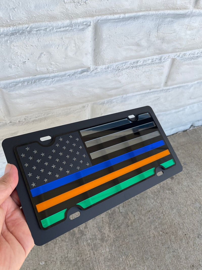 Thin Lines License Plate- Blue, Orange and Green Bars on Blacked Out USA Flag