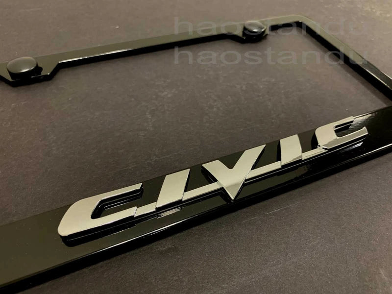 1x For CIVIC 3D Emblem BLACK Stainless License Plate Frame RUST FREE + Screw Cap