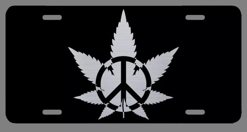 Cannabis Marijuana Pot Weed Leaf Peace Sign Laser Etched Metal License Plate CBD