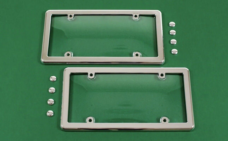 2 UNBREAKABLE Clear License Plate Shield Covers + 2 Chrome Frames + 8 Screw Caps