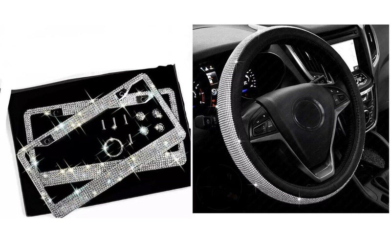 BLING SET 2 Crystal License Plate Frame Steering Wheel Caps Made with Swarovski