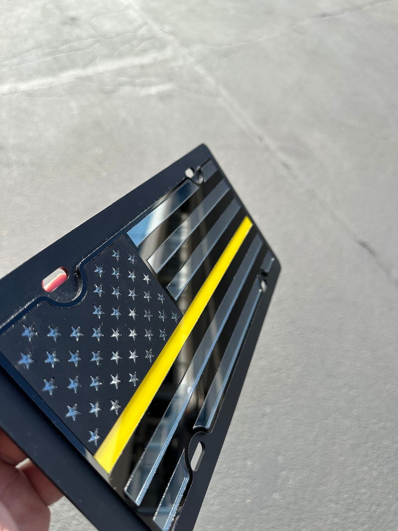 American Flag Yellow Thin Line Acrylic Vanity License Plate Blacked Out Tactical