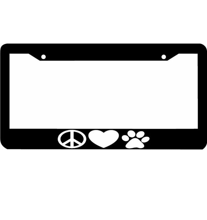 PEACE LOVE PAWS Dog CAT Paw Heart PEACE SIGN License Plate Frame