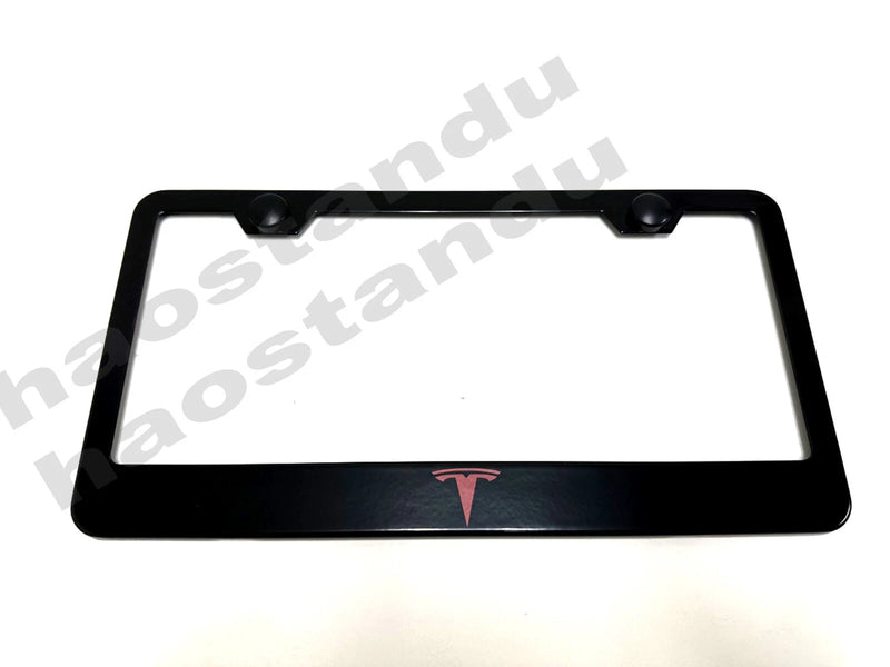 1x Red Tesla Logo BLACK Stainless Metal License Plate Frame + Screw Caps