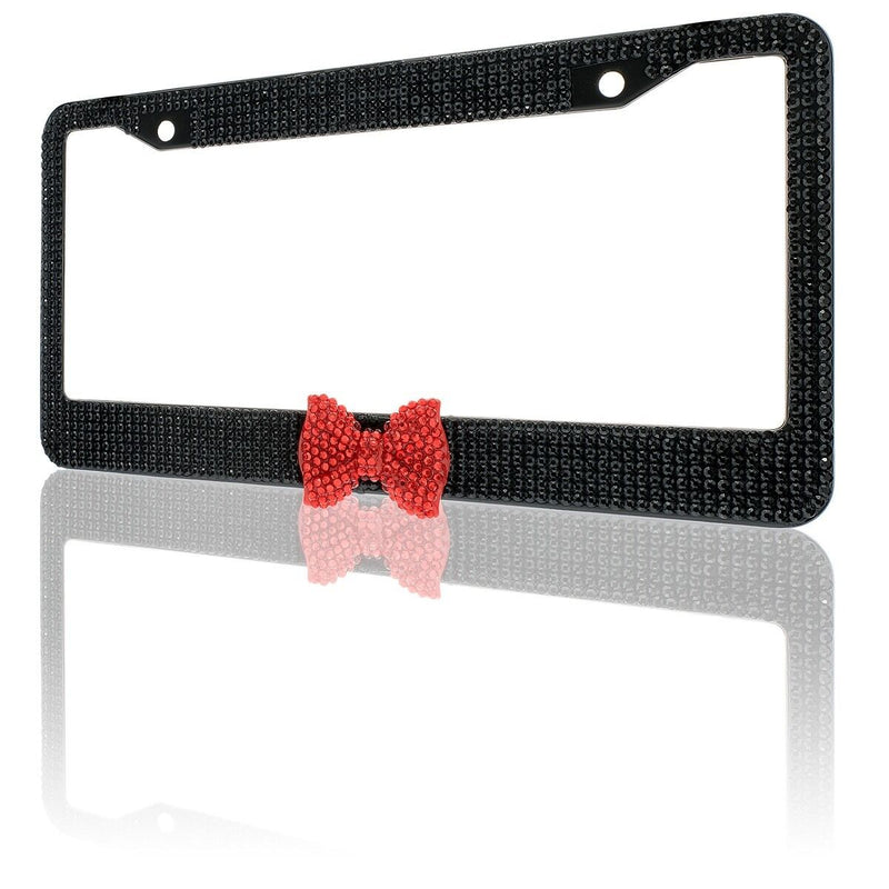 Black 7 Rows Bling Diamond Crystal License Plate Frame With Red Bow Tie