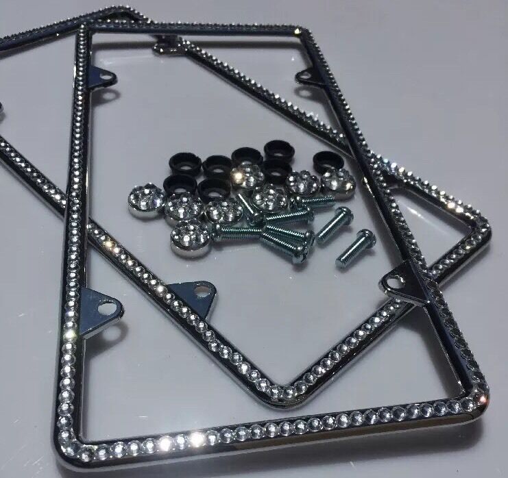 2 All Diamond Silver Bling Glitter Crystal RhineStone License Plate Frame Thin
