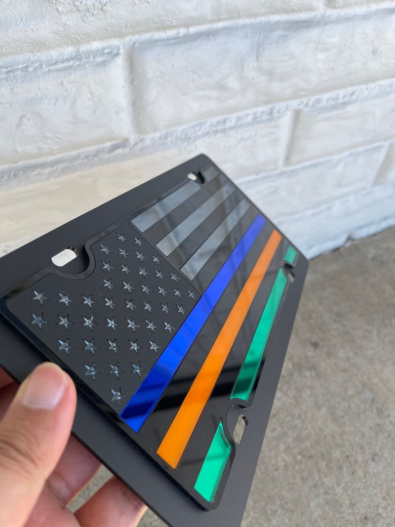 Thin Lines License Plate- Blue, Orange and Green Bars on Blacked Out USA Flag
