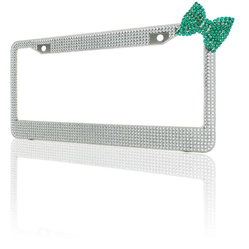 Clear 7 Rows Bling Diamond Crystal License Plate Frame With Corner Green Bow Tie