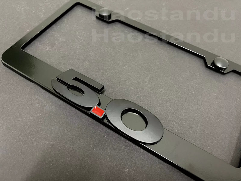 1x (Black) "5.0" 3D Emblem Badge BLACK Stainless License Plate Frame +Screw caps