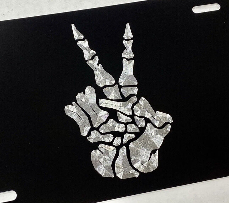 Skeleton Peace Sign Car Tag Engraved Diamond Etched Black Metal License Plate