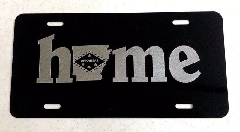 Home State Arkansas logo Diamond Etched on Black Aluminum License Plate