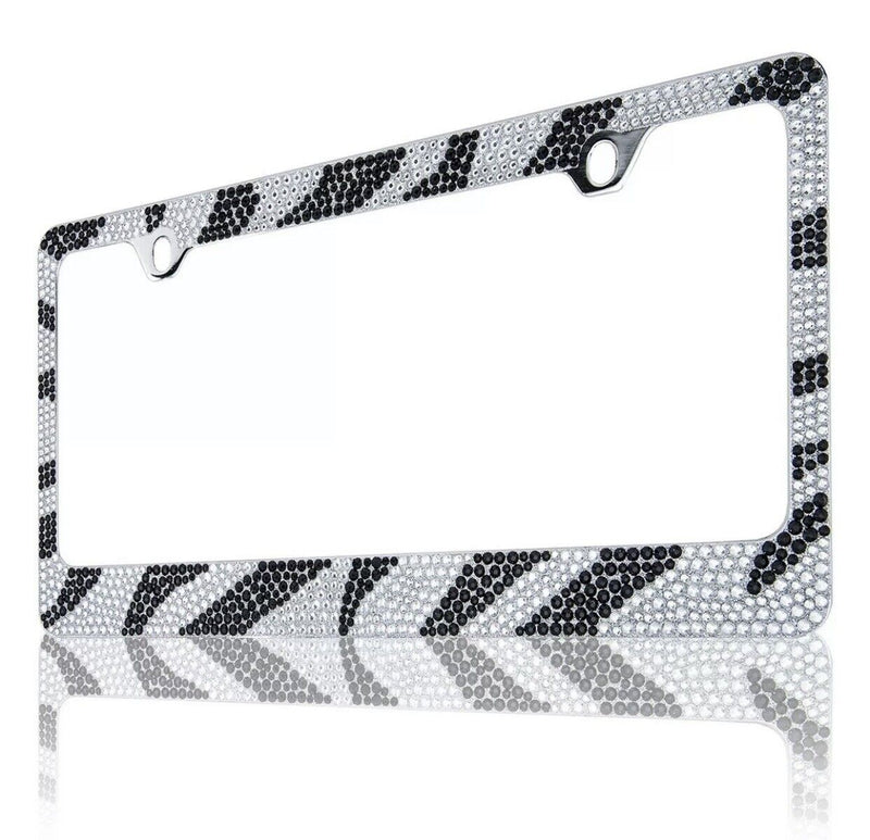 2 Pack Popular 7 Rows ZEBRA Bling Crystal License Plate Frame+Crystal Cap
