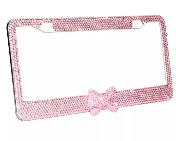 Pink 7 Rows Bling Diamond Crystal Rhinestone License Plate Frame With Bow Tie