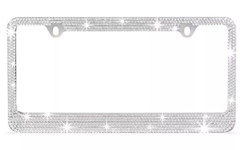 2X Metal Silver Crystal Diamond Style License Plate Frame Universal Fit