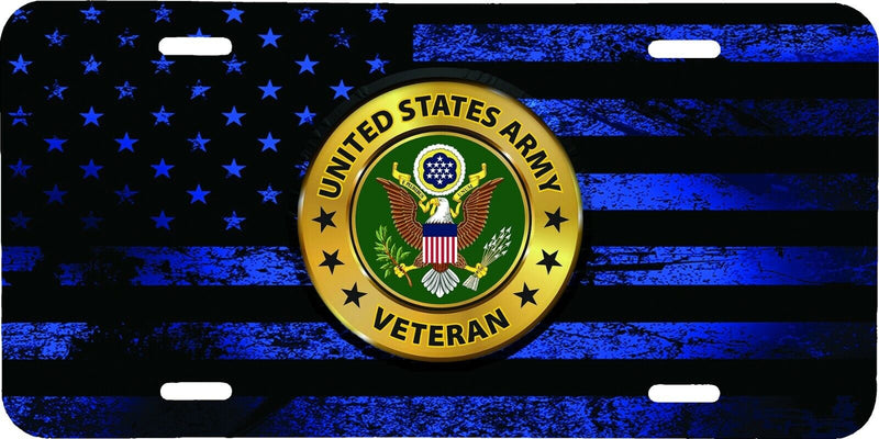 ARMY VETERAN DISTRESSED BLUE FLAG EMBOSSED LOOK VEHICLE LICENSE PLATE AUTO CAR