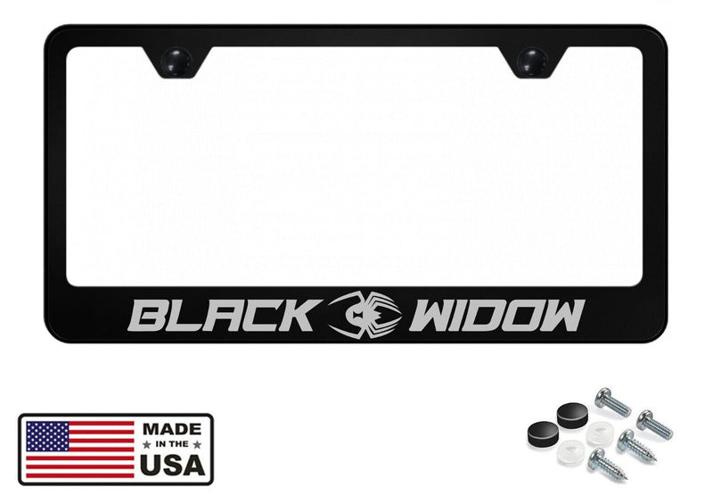 Black Widow Stainless Steel License Plate Frame Holder W/ Screws & Screw Caps