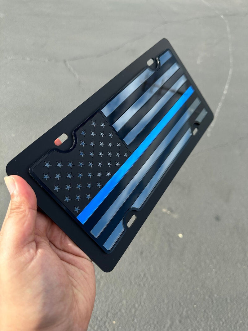 Blue Line Blacked Out USA Flag Mirror Acrylic License Plate Police Lives Matters