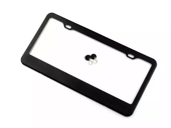 MATTE BLACK STAINLESS STEEL METAL LICENSE PLATE FRAME+SCREW CAPS TAG COVER