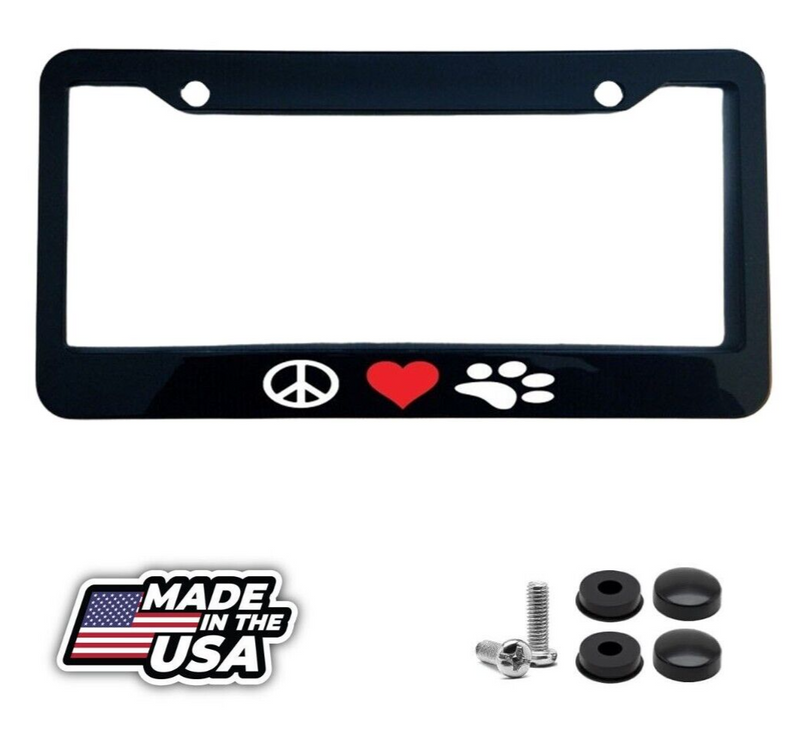 Peace Love Paws Dog Cat Pet Glossy Black License Plate Frame