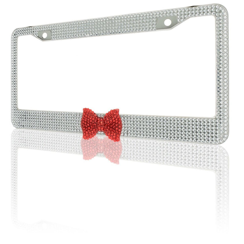 Clear 7 Rows Bling Diamond Crystal License Plate Frame With Red Bow Tie