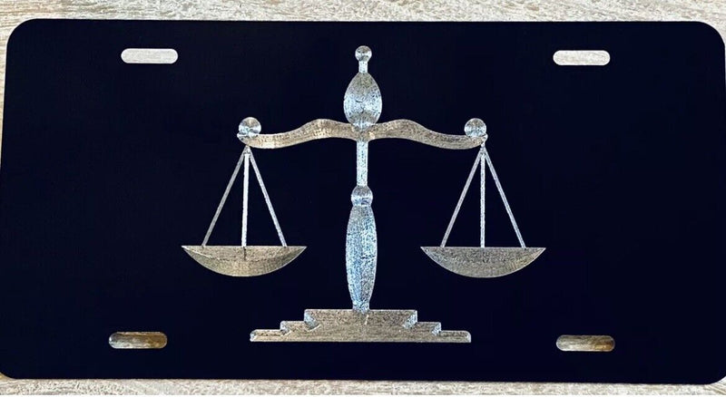 Scales Of Justice Lawyer Car Tag Engraved Black Silver Etched License Plate