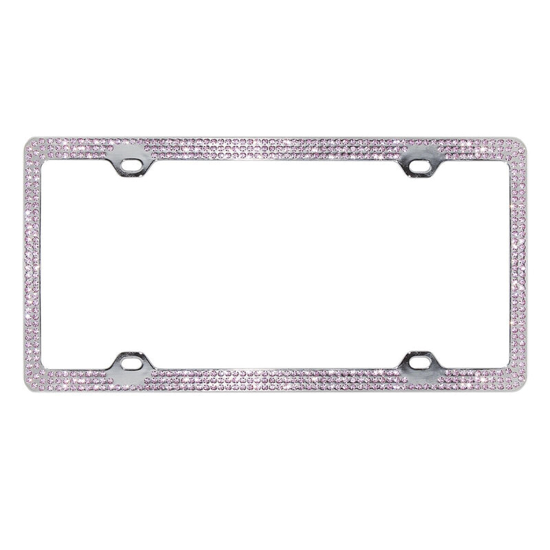 Crystal Pink Rhinestone 3 Row Metal Car License Plate Frame w/ Bling Caps