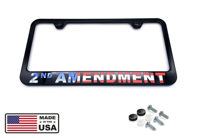Black Plastic License Plate Frame w/ American Flag "2nd Amendment" Script