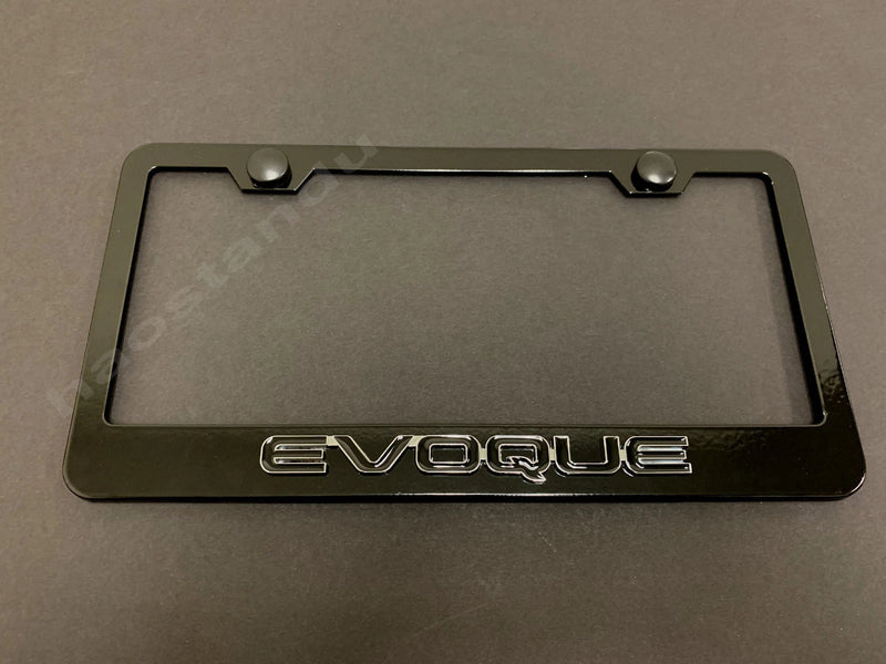 1x EVOQUE 3D Emblem BLACK Stainless License Plate Frame RUST FREE + Screw Cap
