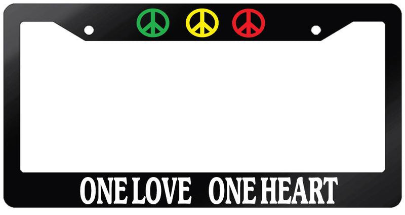 Glossy Black License Plate Frame ONE LOVE ONE HEART (PEACE SYMBOLS) Auto  Mod-GRAPH9856236-7239