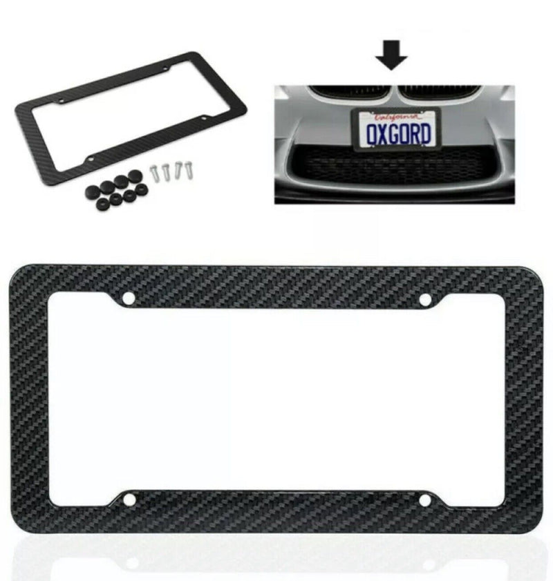 Black Car Carbon Fiber License Plate Frame Cover Front / Rear Universal USA Size