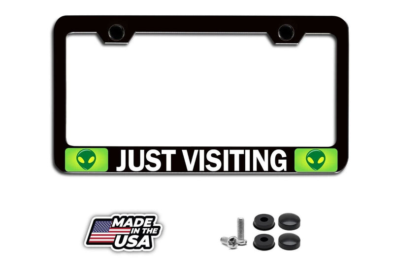 JUST VISITING Alien Steel License Plate Frame (CAN BE PERSONALIZED)