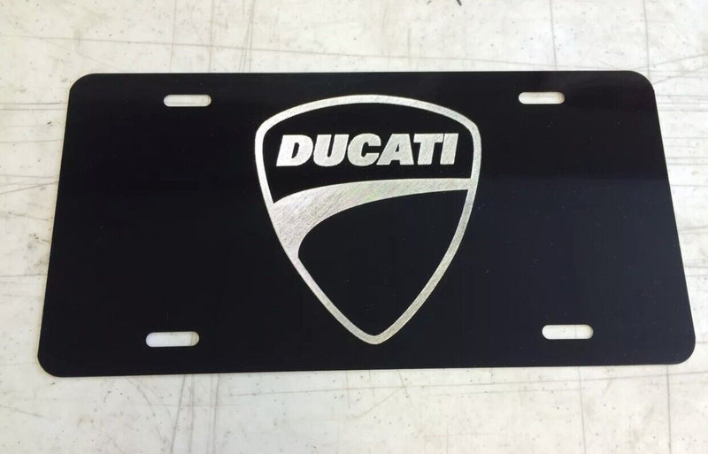 Ducati Logo Car Tag Diamond Etched on Black Aluminum License Plate