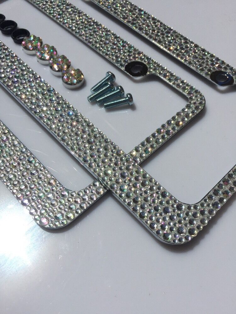2 CLEAR AB MIX BLING 3000 RHINESTONES CRYSTALS LICENSE PLATE FRAME w/ SCREW CAPS