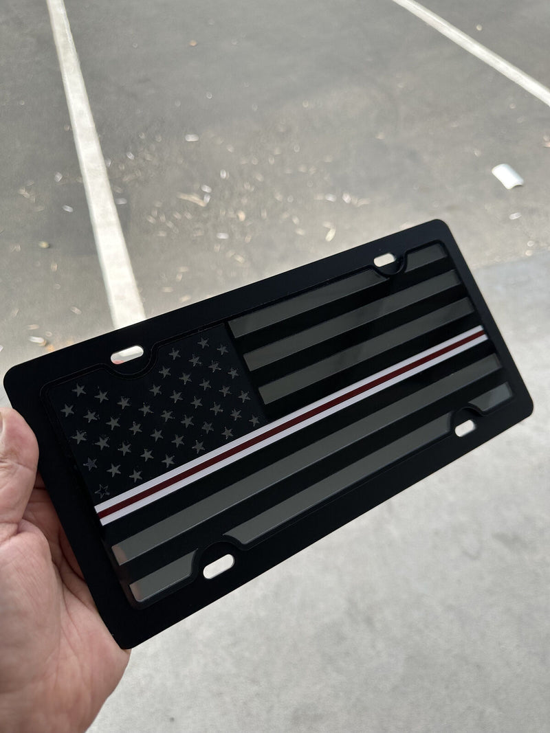 White and Red Line Blacked out USA American Flag Mirror Acrylic License Plate