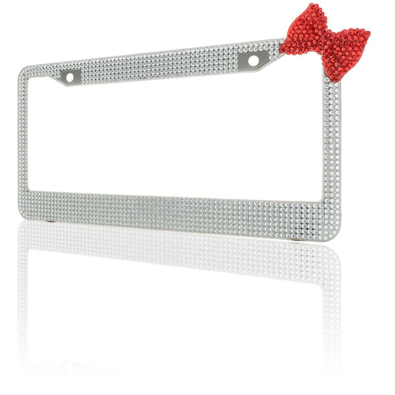 Clear 7 Rows Bling Diamond Crystal License Plate Frame With Corner Red Bow Tie