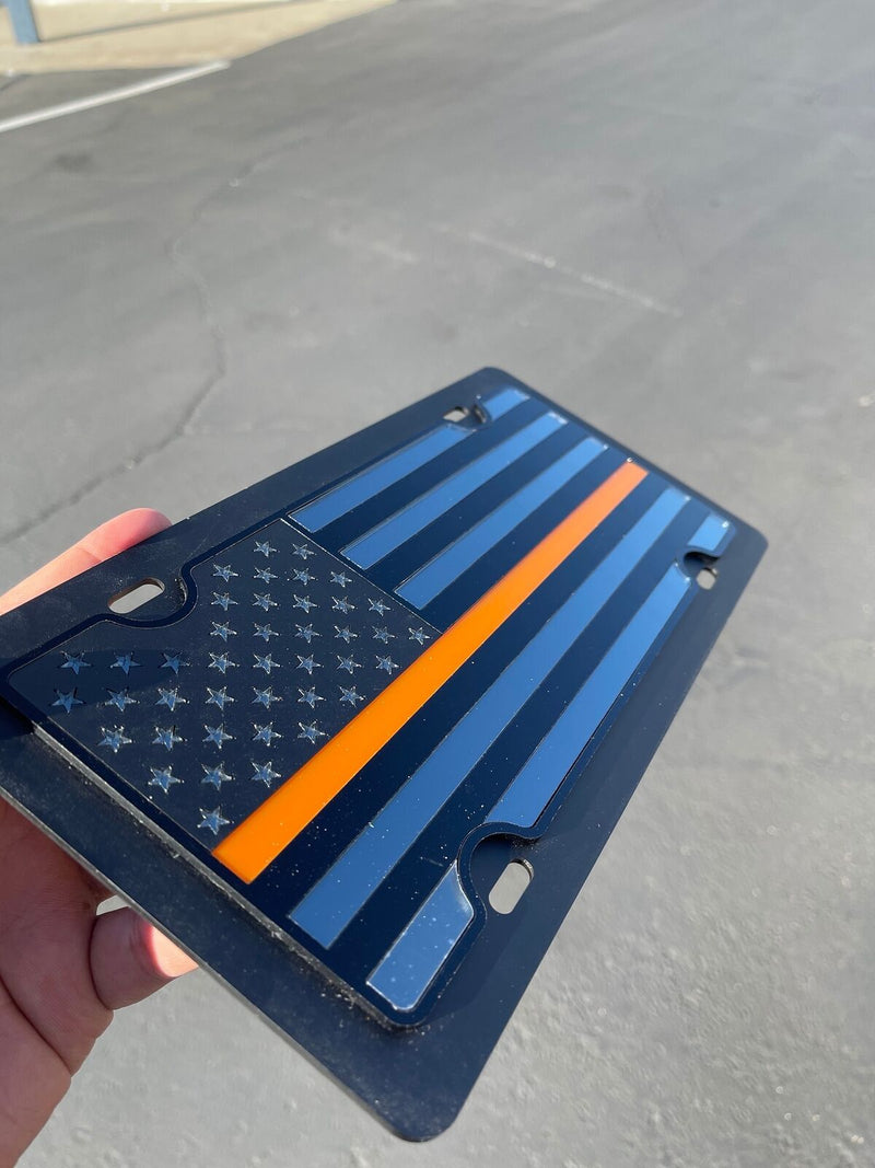 American Flag Orange Thin Line Acrylic Vanity License Plate Blacked Out Tactical
