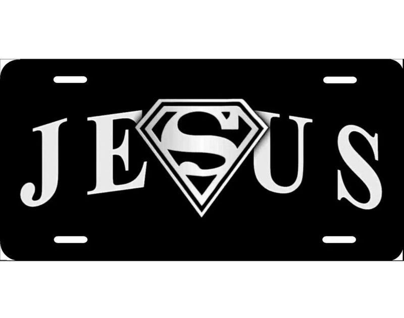 Jesus, Superman, Religious License Plate New Car Tag Metal Aluminum, USA, Black